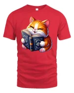 Reading Cat T-Shirt - Cute Book Lover Feline Tee - red t-shirt on white background