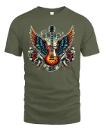 Rock Guitar T-Shirt - Winged Electric Musician Tee - military green t-shirt on white background
