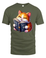 Reading Cat T-Shirt - Cute Book Lover Feline Tee - military green t-shirt on white background