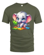 Cute Baby Elephant T-Shirt - Puzzle Autism Awareness Tee - military green t-shirt on white background