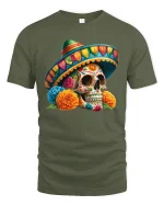 Sugar Skull Sombrero T-Shirt - Colorful Fiesta Art - military green t-shirt on white background
