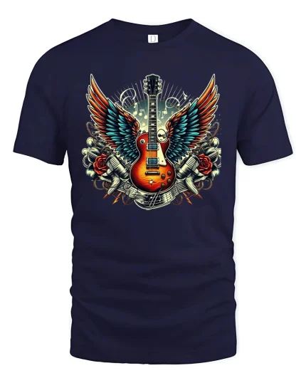 Rock Guitar T-Shirt - Winged Electric Musician Tee - navy t-shirt on white background