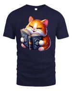 Reading Cat T-Shirt - Cute Book Lover Feline Tee - navy t-shirt on white background