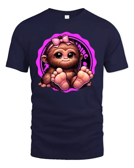 Cute Baby Monkey T-Shirt - Adorable Pink Bow Tee - navy t-shirt on white background