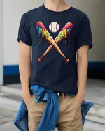 Melting Baseball Bats T-Shirt - Funny Color Splash Art - model wearing navy tee with hands in pockets