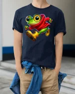 Cool Frog T-Shirt - Funny Cartoon Frog in Hoodie Tee - model wearing navy tee with hands in pockets