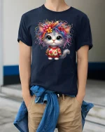 Cute Rainbow Cat T-Shirt - Funny Colorful Kitty Tee - model wearing navy tee with hands in pockets