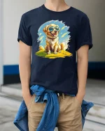 Cool Golden Retriever T-Shirt - Happy Dog Lover Tee - model wearing navy tee with hands in pockets