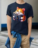 Reading Cat T-Shirt - Cute Book Lover Feline Tee - model wearing navy tee with hands in pockets