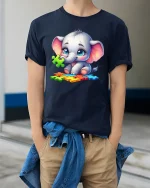Cute Baby Elephant T-Shirt - Puzzle Autism Awareness Tee - model wearing navy tee with hands in pockets