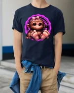Cute Baby Monkey T-Shirt - Adorable Pink Bow Tee - model wearing navy tee with hands in pockets