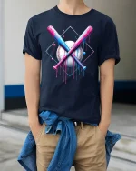 Neon Baseball Bats T-Shirt - Colorful Drip Art Style - model wearing navy tee with hands in pockets