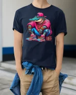 Hip Hop Gator T-Shirt - Cool Street Style Crocodile Tee - model wearing navy tee with hands in pockets