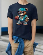 Cool Football Bear T-Shirt - Hip Hop Sports Style Tee - model wearing navy tee with hands in pockets