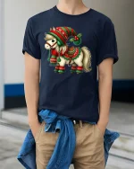 Cute Christmas Pony T-Shirt - Festive Holiday Horse Tee - model wearing navy tee with hands in pockets