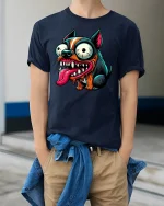 Crazy Dog T-Shirt - Funny Cartoon Puppy Graphic Tee - model wearing navy tee with hands in pockets