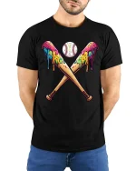 Melting Baseball Bats T-Shirt - Funny Color Splash Art - model wearing black tee with hands behind back