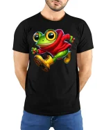 Cool Frog T-Shirt - Funny Cartoon Frog in Hoodie Tee - model wearing black tee with hands behind back