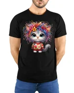 Cute Rainbow Cat T-Shirt - Funny Colorful Kitty Tee - model wearing black tee with hands behind back