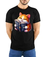 Reading Cat T-Shirt - Cute Book Lover Feline Tee - model wearing black tee with hands behind back