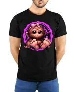 Cute Baby Monkey T-Shirt - Adorable Pink Bow Tee - model wearing black tee with hands behind back