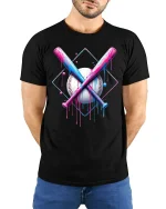 Neon Baseball Bats T-Shirt - Colorful Drip Art Style - model wearing black tee with hands behind back