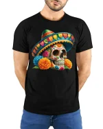Sugar Skull Sombrero T-Shirt - Colorful Fiesta Art - model wearing black tee with hands behind back