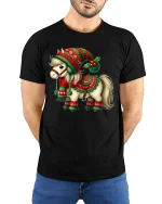 Cute Christmas Pony T-Shirt - Festive Holiday Horse Tee - model wearing black tee with hands behind back