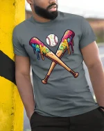 Melting Baseball Bats T-Shirt - Funny Color Splash Art - model wearing grey tee, leaning on column