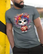 Cute Rainbow Cat T-Shirt - Funny Colorful Kitty Tee - model wearing grey tee, leaning on column