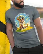 Cool Golden Retriever T-Shirt - Happy Dog Lover Tee - model wearing grey tee, leaning on column