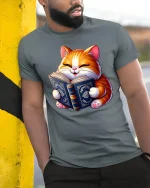 Reading Cat T-Shirt - Cute Book Lover Feline Tee - model wearing grey tee, leaning on column