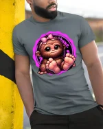 Cute Baby Monkey T-Shirt - Adorable Pink Bow Tee - model wearing grey tee, leaning on column