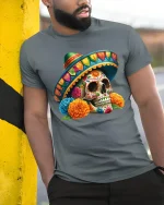 Sugar Skull Sombrero T-Shirt - Colorful Fiesta Art - model wearing grey tee, leaning on column