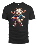 Cozy Goat Adventure Tee - Cute Colorful Animal T-Shirt - black t-shirt on white background