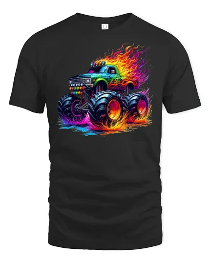 Neon Flame Monster Truck Tee - Cool Offroad Power T-Shirt - black t-shirt on white background