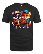 Fox and Raccoon Friends Tee - Cute Animal Lover T-Shirt - black t-shirt on white background