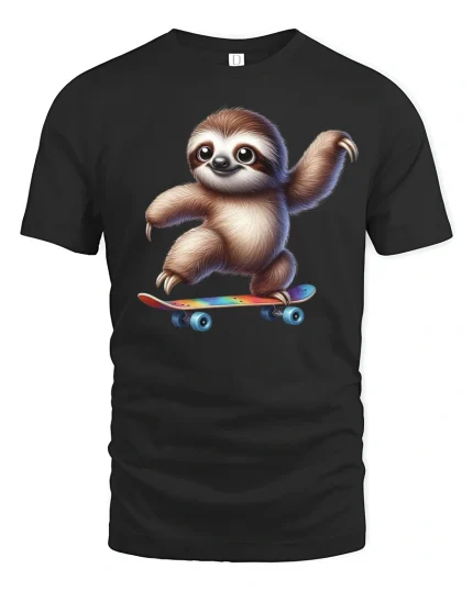 Skater Sloth Tee - Funny Cool Skateboard Animal T-Shirt - black t-shirt on white background