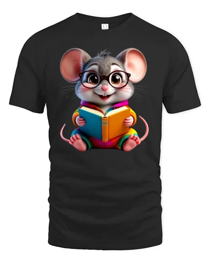 Bookworm Mouse Tee - Cute Reading Animal Lover T-Shirt - black t-shirt on white background