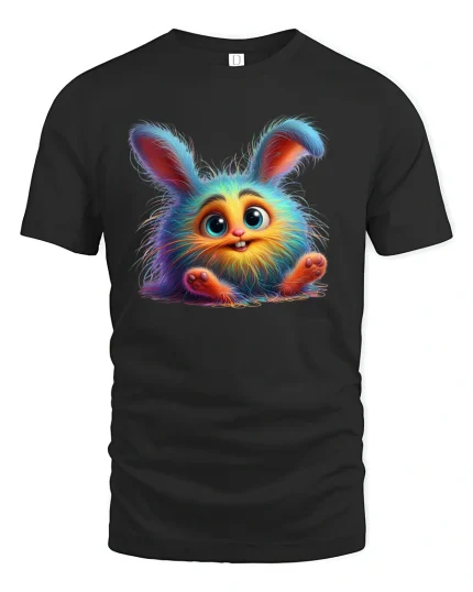Rainbow Bunny Tee - Cute Fluffy Colorful Animal T-Shirt - black t-shirt on white background