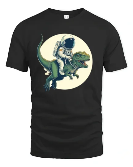 Space Explorer Dino Ride Tee - Funny Astronaut T-Shirt - black t-shirt on white background