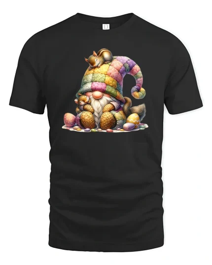 Cozy Gnome and Squirrel Tee - Cute Easter Egg T-Shirt - black t-shirt on white background
