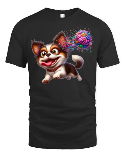 Crazy Brain Dog Tee - Funny Colorful Puppy T-Shirt - black t-shirt on white background