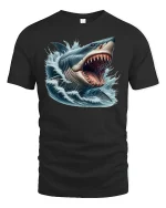 Great White Rage Tee - Fierce Shark Attack T-Shirt - black t-shirt on white background