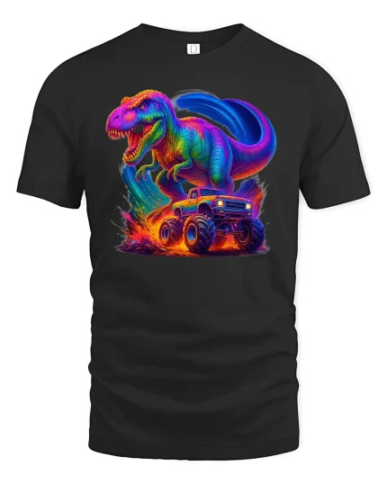 Neon T-Rex Monster Truck Tee - Epic Dino Power T-Shirt - black t-shirt on white background