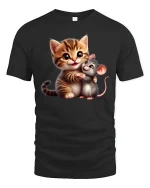 Cute Cat and Mouse Hug Tee - Adorable Friends T-Shirt - black t-shirt on white background