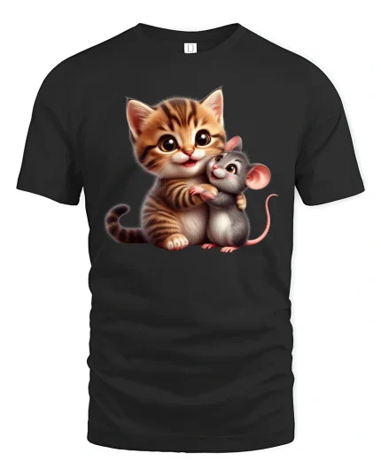 Cute Cat and Mouse Hug Tee - Adorable Friends T-Shirt - black t-shirt on white background