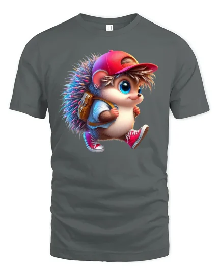 Cool Hedgehog Adventure Tee - Cute Backpack T-Shirt - gray t-shirt on white background