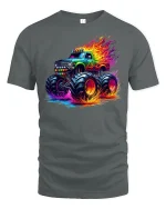 Neon Flame Monster Truck Tee - Cool Offroad Power T-Shirt - gray t-shirt on white background