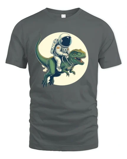 Space Explorer Dino Ride Tee - Funny Astronaut T-Shirt - gray t-shirt on white background